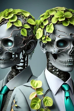 Surreal Couple Made Of Metal Skeletons With Flowering Vines Growing Through; Wearing Blue Gray Green Striped Business Suits With Paisley Shirts And Ties; Surreal, Intricately Detailed, Beautiful, Colorful