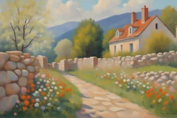 sunny day, clouds, mountains, stone wall, flowers, spring trees, spring influence, rocks, distant house, very epic, wilfrid de glehn, jenny montigny, and rodolphe wytsman impressionism paintings
