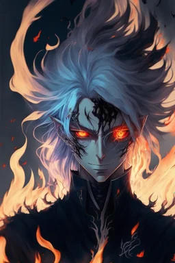 Anime with wight hair and black clothes and power fire and eyes of sharengan