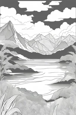 Anti-stress coloring page for adults, A4 format, white sheets, high thick inky outline with a plot: A sea breeze on the coast with majestic mountains in the background