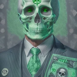 a head and shoulders portrait of a skeleton dressed in a three-piece suit as the president of the united states, based on us currency, united states one dollar bill, shades of green, real-life, colors match the united states one dollar bill, realistic, robotic,