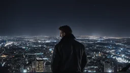 An Englishman in a bomber jacket standing at the top of a tall building looking across a city at night