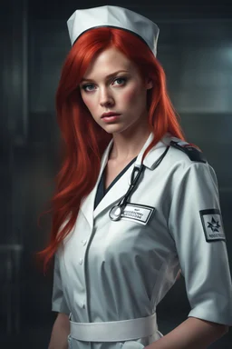 Portrait of a pretty young nurse with red hair, scowling expression, photorealistic