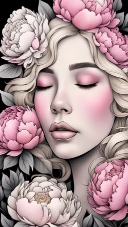 art of a young woman, with blonde hair, a coloring page of a beautiful bouquet of peonies all around her face, her eyes are closed and dreaming peacefully, only her face shows, her face covered by the bouquet of peonies, with a black background, clear outline, no shadows, 4k