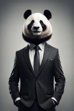 Panda dressed in a classy dark suit, standing as a confident leader and a powerful businessman. Fashion portrait of an anthropomorphic animal posing with a charismatic human attitude