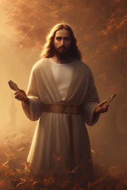 Jesus portrait at dawn by atey ghailan, holding cross in hands, golden light , white robe, holding cross, angels background, volumetric light, high detail, red leaf tree, mountains in background, perfect