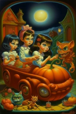 Lowbrow Surrealism trick or treater girls causing mischief by Todd Schorr