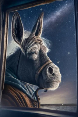 grandpa donkey portrait with background star field seen in the window of a boat, 4 k, trending art, depth of field