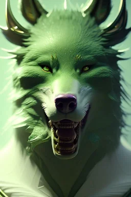 award winning portrait of a male anthropomorphic green wolf long vblack hair. character design by cory loftis, fenghua zhong, ryohei hase, ismail inceoglu and ruan jia. unreal engine 5, artistic lighting, highly detailed, photorealistic, fantasy