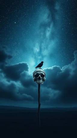 stars in the background and out of this world galaxy in a blue and gray cloud of stormy weather a thick stick fixed on the ground with skull put on the top of it , ultra hi quality picture with cinematic science, tragedy, a small black bird far in the horizon