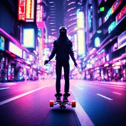 photo of a ninja riding a skateboard; in an alternate universe in tokyo; cyberpunk; realistic; rain; neon signs