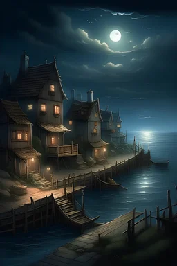 /imagine prompt: realistic, personality: [Illustrate a wide shot of a small coastal village at night, surrounded by the sound of ocean waves. The dimly lit houses cast a warm glow, creating a serene and calming ambiance. The moonlight reflects off the water, adding a touch of mystery to the scene. The villagers can be seen going about their daily lives, oblivious to the haunting melody that will soon captivate their attention]unreal engine, hyper real --q 2 --v 5.2 --ar 16:9
