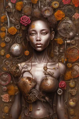 an abstract painting of rusted metal and flowers, heart filled with love African slave lady working, rust, scaffolding, iron cladding, decay, mixed media, textured, anatomically correct, beautiful perfect face, sharp focus, highly detailed