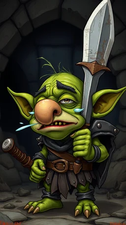 A short green goblin with a bulbous nose, mid-sneeze, eyes watering, holding a rusty dagger, tattered leather armor, exaggerated cartoon realism, dungeon background, humorous fantasy illustration, high detail