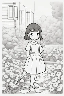 A little girl exploring a garden filled with square-shaped flowers and bushes. Incorporate squares for flower petals, windows, and garden pathways.,very happy , Colloring page for todlliers ; basic hawali style cartoon , black and white , ink outlines , , smooth , anime style , minimalist , cute eyes , full body , white shose , sketchbook , realistic sketch , free lines , on paper , character sheet , clean line art high detailed