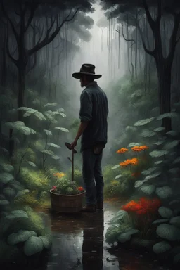 dark and tranquil bosque with much flora and rain , a man with a hat is gardening