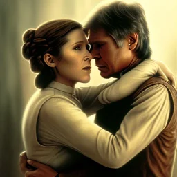 carrie fisher embracing harrison ford, waist up portrait, intricate, oil on canvas, masterpiece, expert, insanely detailed, 4k resolution, cinematic smooth, intricate detail , soft smooth lighting, soft pastel colors,