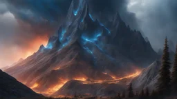 A mountain side burning with powerfull, blue magic. dark fantasy concept art, exquisite realism, a masterpiece, dynamic lighting, hyperdetailed, intricately detailed, deep color, Unreal Engine, volumetric lighting , Epic cinematic brilliant stunning intricate meticulously detailed dramatic atmospheric maximal,