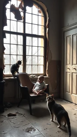 A baby sitting on chair in front of a big window in an abandoned damaged room , a cat out side the widow looking at him