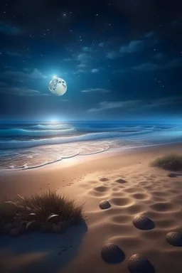 magic sea, beach with sand, shells, realistic, professional photo, 4k, top view, cosmic sky, stars, full moon