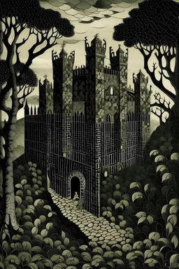 A black castle made out of steel in a chaotic shadow realm designed in ancient Greek mosaics painted by Henri Rousseau