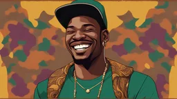 a man wearing a green shirt and a hat, patterned clothing, graphic tees, high quality portrait, smiling male, african man, brown skin man with a giant grin, smiling man, wearing a modern yellow tshirt, earing a shirt laughing, laughing man, solid background, colorful clothing, cheerful expression, colourful clothing, handsome hip hop young black man