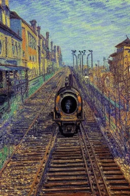 Insanely detailed cyberpunk, technopunk, steampunk train on a train track, high contrast, blurry Impressionist landscape background, Impressionist painting, Alfred Sisley, Pierre-August Renoir, Claude Monet, Robert Hagan, textured paint, luminism, hyperrealism, fine art CorporateMemphis