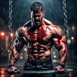 Hyper realistic angry furious muscular man carrying a fancy knife with blood on it standing on a metal surface with hanging metal chains at rainy night