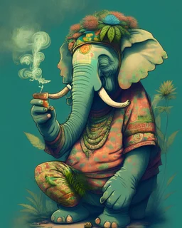 anthropomorphic elephant in hippie clothes smoking a joint amongst sativa and indica