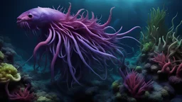 animals creatures, plants from subanautica from deep sea, leviathan's a lot of sea plants very deep, beautiful, river of magma, green and blue, dark purple