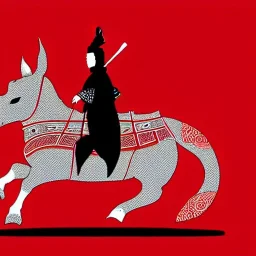 red samurai riding a red rhino, full moon, transparent background