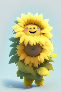 Cheery and cute sunflower with leaves avatar full body in fluffy material