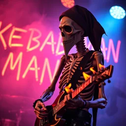 a very thin swedish man (near skeleton), with a plague mask with only a hole for the mouth (no eyes), he is called "KEBAB MAN" performing at death metal club, his name is "KEBAB MAN" kebab rolls On stage, kebab Neon lights and smog, and "KEBAB MAN" big sign on the wall, kebab tribal tattooes, spinning kebab machines, flames and smoke, chaos, he playing a metal guitar with flames