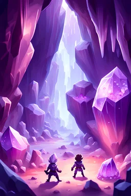 game art of amethyst crystal caves with tiny heroes