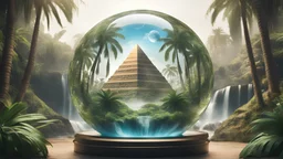 Glass globe encircled pyramid egypt jungle palms and waterfall, symbolizing nature, environment, sustainability, ESG, and climate change awareness, generative ai