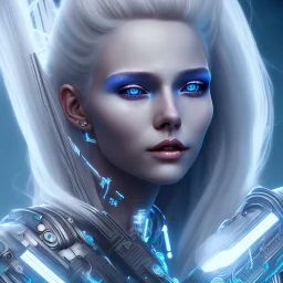 A beautiful portrait of a cute smiling cyberpunk woman, long blond platinum hair, high key lighting, volumetric light high details with blue and white stripes and feathers and white celtic paterns, beam starry background