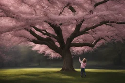 A hyper-realistica cherry blossom tree slowly falling and a child standing, Photo Real, HOF, full size, practicality,manufacturability,performance, (((realism, realistic, realphoto, photography, portrait, realistic, elegant, charming, apocalyptic environment, professional photographer, captured with professional DSLR camera, trending on Artstation, 64k, ultra detailed, ultra accurate detailed, bokeh lighting, surrealism, Thomas Kinkade backgroun