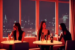 women sitting in a cocktail bar next to a window, outside the window is a city, police station in window view, atmospheric ,night lighting,rainy, realistic, unity engine, cinematic lighting, octane render.