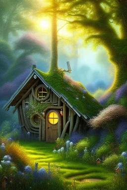 dreamlike mystical forest, wooden shack, fine detail, high quality, Neo-Impressionism