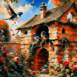 captivating cinematic painting masterfully blending traditional illustration, 3D rendering, and wildlife photography, depicts a picturesque old stone farmhouse with a thatched roof. The harmonious blend of artistic styles creates an atmosphere of serene tranquility, warmth, nostalgia, and timeless beauty. In the cozy home on the roof, three adorable baby swallows rest in their nest, watched over by a swift adult swallow soaring around them. Vibrant hollyhocks cascade along the walls, and hay in