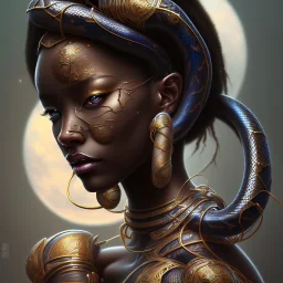 sango fantasy, fantasy magic, intricate, sharp focus, illustration, highly detailed, digital painting, concept art, matte, masterpiece snake head sexy lady body black African beauty space lady snake skin wearing African hair one head space background