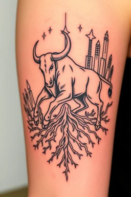 Design feminine tattoo: The centerpiece of the tattoo is a bull in a dynamic, powerful pose, representing Taurus. The bull’s body is muscular, embodying both grace and strength. From the bull's hooves, deep roots twist into the ground, sprawling outwards. The roots look as though they're entangled with the earth itself, symbolizing Taurus' deep connection to the planet. Surrounding the bull, or perhaps as a backdrop, include elements of Detroit’s industrial history.