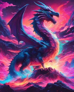 Dragon in a vibrant synthwave dreamscape, neon chaos swirling energetically around pixelated forms, a dynamic fusion of retro gaming nostalgia and futuristic abstraction