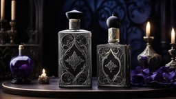 bottle of gothic perfume in gift box on table in gothic bedroom, night, 8k, high quality, trending art, trending on artstation, sharp focus, studio photo, intricate details, highly detailed, by tim burton