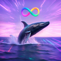 infinity symbol ∞ with vibrant powerful whale jumping out of the sea, striking, neon, chiaroscuro, dramatic, captivating, powerful, fantasy, beautiful, octane render, 16k post-production, artstation: award-winning: atmospheric: commanding: fantastical: clarity: ultra quality: striking: brilliance: stunning colors: amazing depth; lens: f/11, 35mm