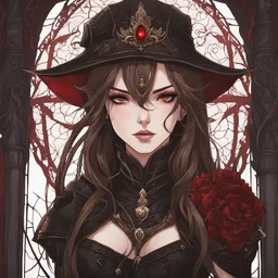 A portrait headshot of a confident looking young woman with pale skin and long brown hair in a dark fantasy setting with intricate details. She is wearing black and read leather, has blood-red eyes, an air of malevolent power surrounds her. mage. Anime style. High definition.