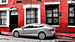 A Tesla's 'Model S Plaid' is parked, on the Bourbon Street, in New Orleans. CINEMATIC. WIDE ANGLE LENS.