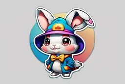 cute stickers, style cartoon, cute Super Deformed Character, white border, high quality, colorful, Detailed illustration of a cute little rabbit wearing a Hemin Kaminski hat, by yukisakura, awesome full color, typography, 3d render