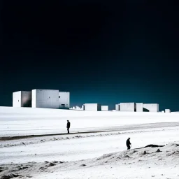Photograph of odd brutalist buildings scattered over a wasteland, powder, night, people, nothingness, nightmare, minimalist, details of the terrain very accentuated, 8k, deep 3d field, sharp, eerily mysterious, artistic photo, large format film, fotograph by Yves Tanguy, scenography by René Magritte, hasselblad h6d400c --ar 85:128 --v 6.0