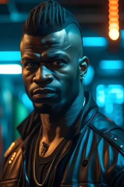 a portrait of an attractive black redneck man in a cyberpunk setting